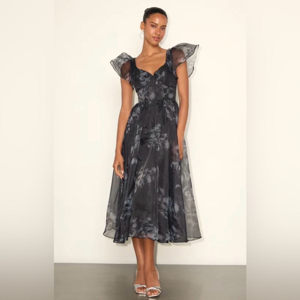 Lulu's Black Floral Midi Dress with Sheer Puff Sleeves
